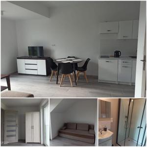 a kitchen and a living room with a table and chairs at apartament udany wypoczynek in Sarbinowo