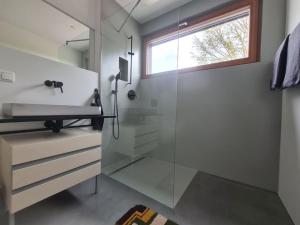 bagno con doccia in vetro e lavandino di Vintage studio am Chiemsee a Übersee