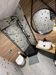 a bathroom with a sink and a mirror at Green Hill Apartments Katowice in Katowice