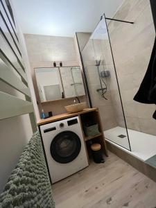 ein Bad mit einer Waschmaschine und einer Dusche in der Unterkunft Le Granier en Chartreuse in Saint-Pierre-dʼEntremont