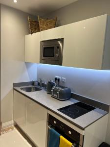 uma cozinha com um lavatório e um micro-ondas em Sweet Swan House em Rickmansworth