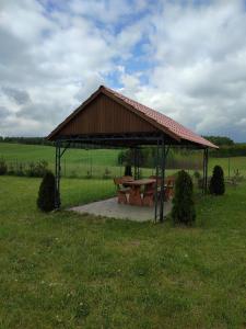 a picnic shelter with a picnic table in a field at Domki na zaciszu w Rynie in Ryn