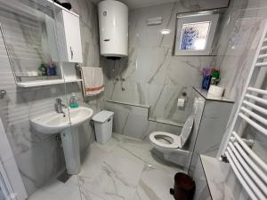 La salle de bains blanche est pourvue de toilettes et d'un lavabo. dans l'établissement Pejovic apartmani Mojkovac, à Mojkovac