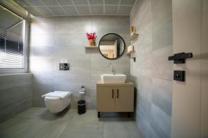 a bathroom with a toilet and a sink and a mirror at Moon suites in Antalya