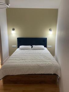 a bedroom with a large bed with a blue headboard at Confortable, au centre-ville in Saint-Claude