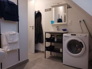 uma casa de banho com uma máquina de lavar roupa e um lavatório em GOUEL BRAS - Studio MEABAN em Sarzeau