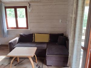 a living room with a couch and a table at Domki na zaciszu w Rynie in Ryn