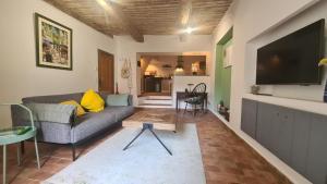 a living room with a couch and a flat screen tv at Cocon du Papillon à Lourmarin in Lourmarin