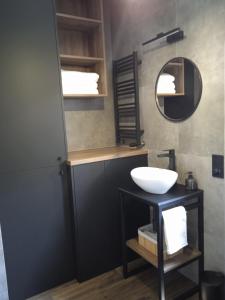 a bathroom with a sink and a mirror at Lawendowa Stodoła in AdamÃ³w