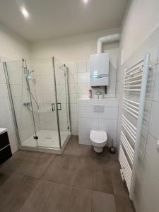 a bathroom with a toilet and a glass shower at Zentrale Lage in Bad Ischl - Top 2 in Bad Ischl