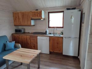 a kitchen with a refrigerator and a table in a room at Domki na zaciszu w Rynie in Ryn
