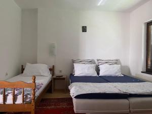 1 dormitorio con 2 camas y ventana en Villa San, en Blagaj