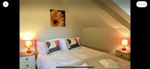 a bedroom with a bed with two lamps and a flower on the wall at Ambrose Apartments in Cheltenham