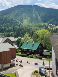 een dorp met een groen dak en een berg bij Luxusní Apartmán u sjezdovek s garáží in Harrachov