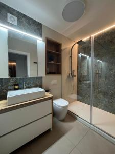a bathroom with a sink and a shower and a toilet at Valentini Apartments in Cluj-Napoca