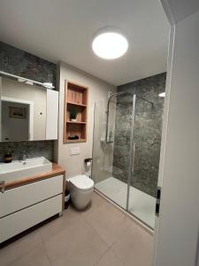 e bagno con doccia, servizi igienici e lavandino. di Valentini Apartments a Cluj-Napoca
