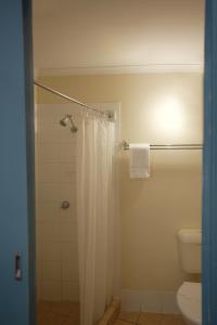 a bathroom with a shower and a toilet at Coolum Budget Accommodation in Coolum Beach