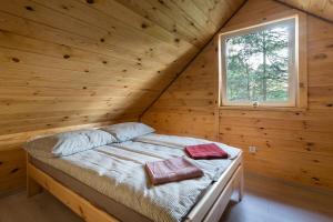 a bed in a log cabin with a window at Zagajnik Białowieża in Białowieża