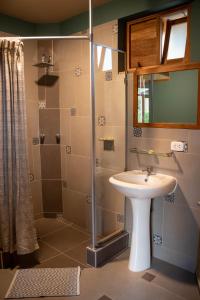 W łazience znajduje się umywalka i prysznic. w obiekcie Fleur Lodge w mieście Carhuaz