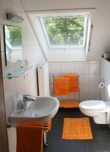 a bathroom with a sink and a toilet and a window at Ferienwohnungen Krauss in Ringsheim
