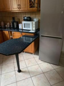 a kitchen with a refrigerator and a black counter top at Christina's house with 2 bedrooms and free parking in Gjirokastër