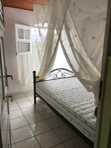 聖皮埃赫的住宿－Le coin tranquille，窗户客房内的一张带天蓬的床