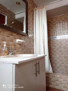 a bathroom with a sink and a shower curtain at casa hospedaje regina marie in Huaraz