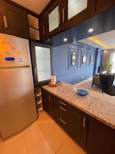 eine Küche mit einem Kühlschrank und einer Arbeitsplatte in der Unterkunft Mükemmel Deniz Manzaralı Lüks in Istanbul