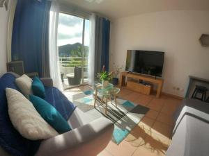 a living room with a couch and a television at Appartement piscine et plage privée ! in Marigot