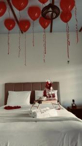 a bed with red balloons hanging from the ceiling at Chalé bons ventos in Serra de São Bento