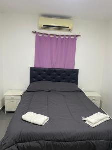 a bedroom with a black bed with a purple curtain at La Vicenta in Deán Funes