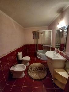 a red tiled bathroom with two toilets and a sink at Apartment Little Village in Plav