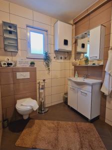 un piccolo bagno con servizi igienici e lavandino di Luxury villa with a swimming pool Plano, Trogir - 18490 a Trogir