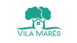 a logo for a real estate company with a house and trees at Vila Marés in São Cristóvão