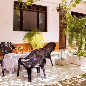 a patio with a table and chairs and plants at HOSTAL BOLIVIA EN YACUIBA in Yacuiba