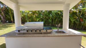 a kitchen counter with a stove and a sink at Luxury 4-Bedroom Villa with Climate Pool in Sosúa