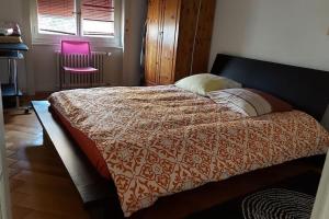a bedroom with a bed and a pink chair at Appartement de 3 chambres à coucher in Lausanne