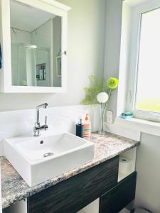 baño con lavabo blanco y ventana en Cozy 3-bedroom farmhouse in wine-country en Niagara on the Lake