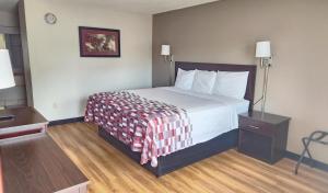 a hotel room with a bed and a desk at Red Roof Inn Memphis - Airport in Memphis