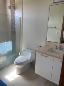 ein Bad mit einem WC, einer Dusche und einem Waschbecken in der Unterkunft Lujoso y Familiar Apartamento de Playa y Golf en San Carlos Panamá in San Carlos
