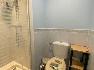 a bathroom with a toilet and a glass shower at T3 Moderne 6p au bord de la mer, Le Barcarès, parking et terrasse - FR-1-81-593 in Le Barcarès +6 photos