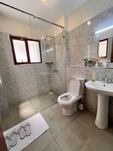 y baño con aseo, lavabo y ducha. en Midtown Executive Suites CBD With Large Balcony, en Nakuru