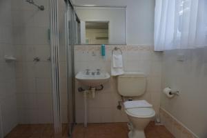 a bathroom with a toilet and a sink and a shower at Warners Bay Hotel in Warners Bay