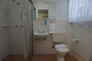 ein Bad mit einem WC, einem Waschbecken und einer Dusche in der Unterkunft Warners Bay Hotel in Warners Bay