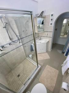 e bagno con doccia, servizi igienici e lavandino. di Audiophile Relax Hideaway on the Water a Città del Capo