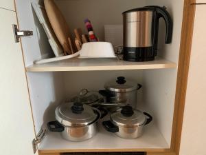 - une étagère avec des casseroles et des poêles dans la cuisine dans l'établissement Appartements Karin Mitten im Grünen, à Schoppernau