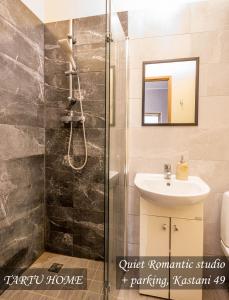 a bathroom with a shower and a sink at Quiet Romantic Studio plus parking, Tartu Home in Tartu