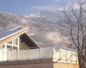 シュルンスにあるPanoramablickの雪山を背景にした家