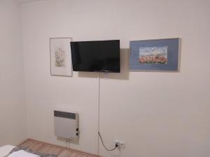 een flatscreen-tv op een witte muur met foto's bij Ferienwohnung Kutrowatz in Rohrbach bei Mattersburg