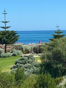 ogród z drzewami i ocean w tle w obiekcie Busselton on the Beach w mieście Busselton